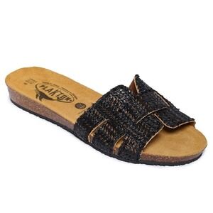 NEW! Plakton Wms Fiji Slide-on Raffia Cork Sandals From Spain Black Size 7 $99